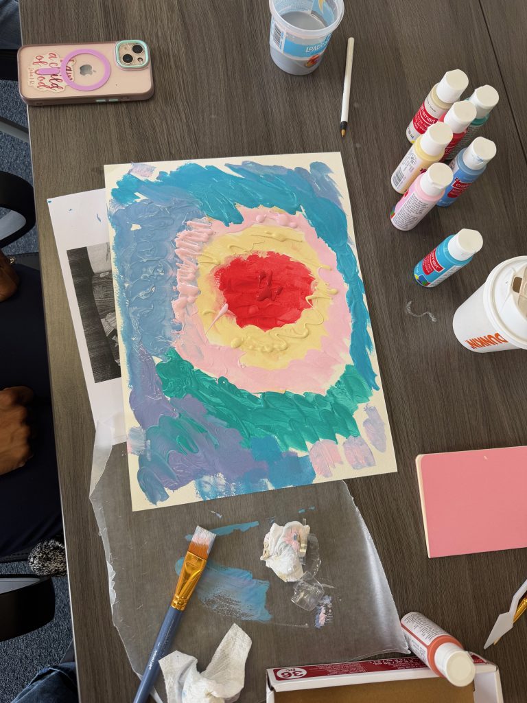 Community members painting together during a guided art workshop