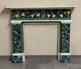 Beautiful mosaic tile mantel frame, cool tones, decorative, upcycled